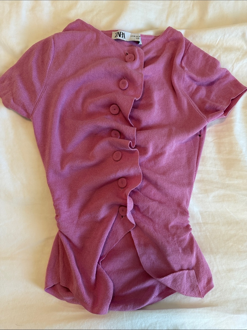 Zara Rose-Pink Short Sleeve Ruffle Ruched Button Top - Picture 2 of 2